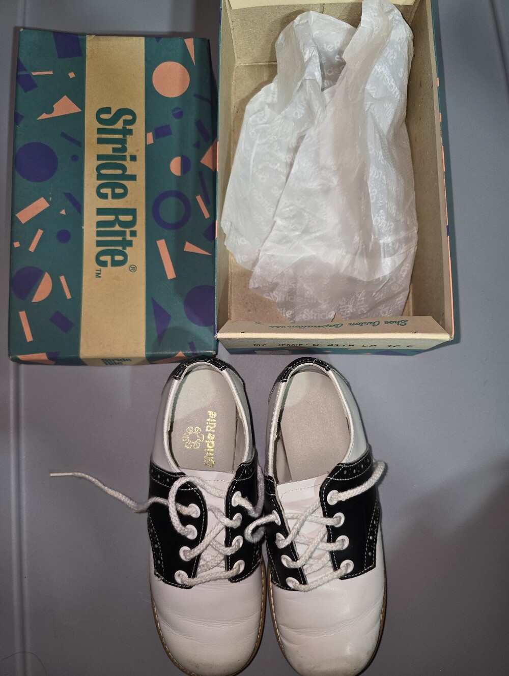 Vintage Stride Rite Boys 12E Black And White Leather Shoes